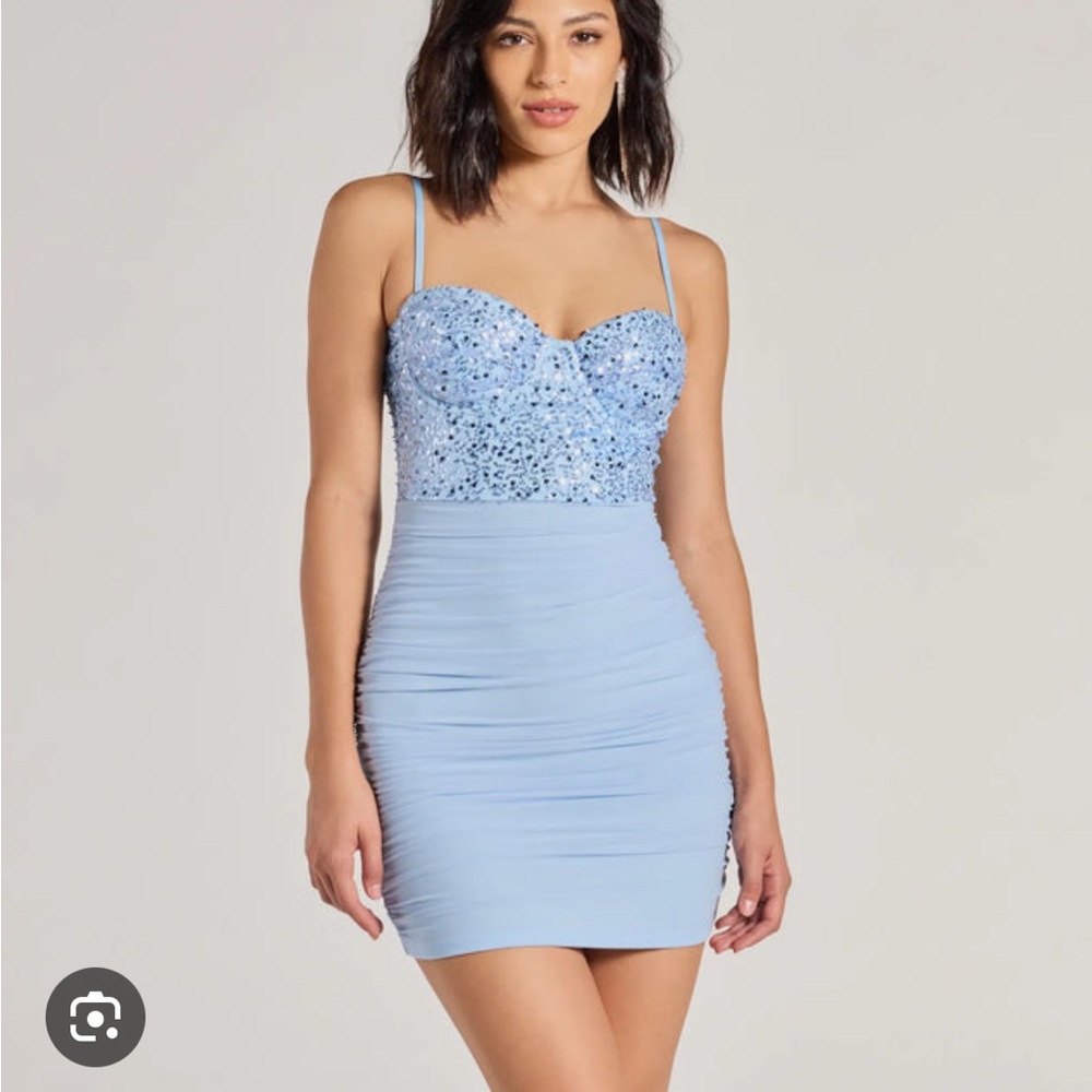 Windsor Baby Blue Illuminate The Night SparklySequin Mesh Ruched MiniDress NWT S